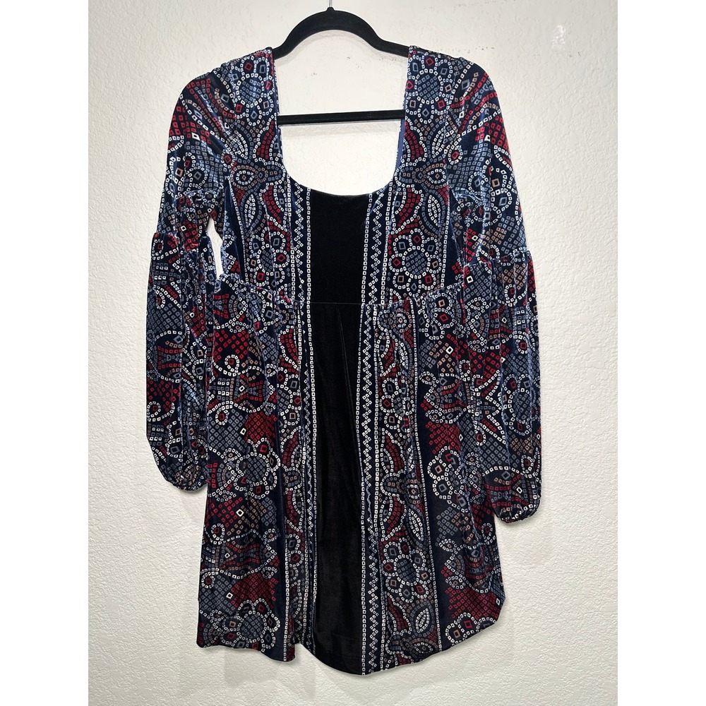 Free People Velvet Medallion Print Mini Dress Navy Red Square Neck Small